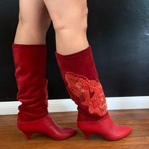 Red Leather Boots 6.5 Phyllis Poland Made in Italy Quilted design RARE! Vintage
